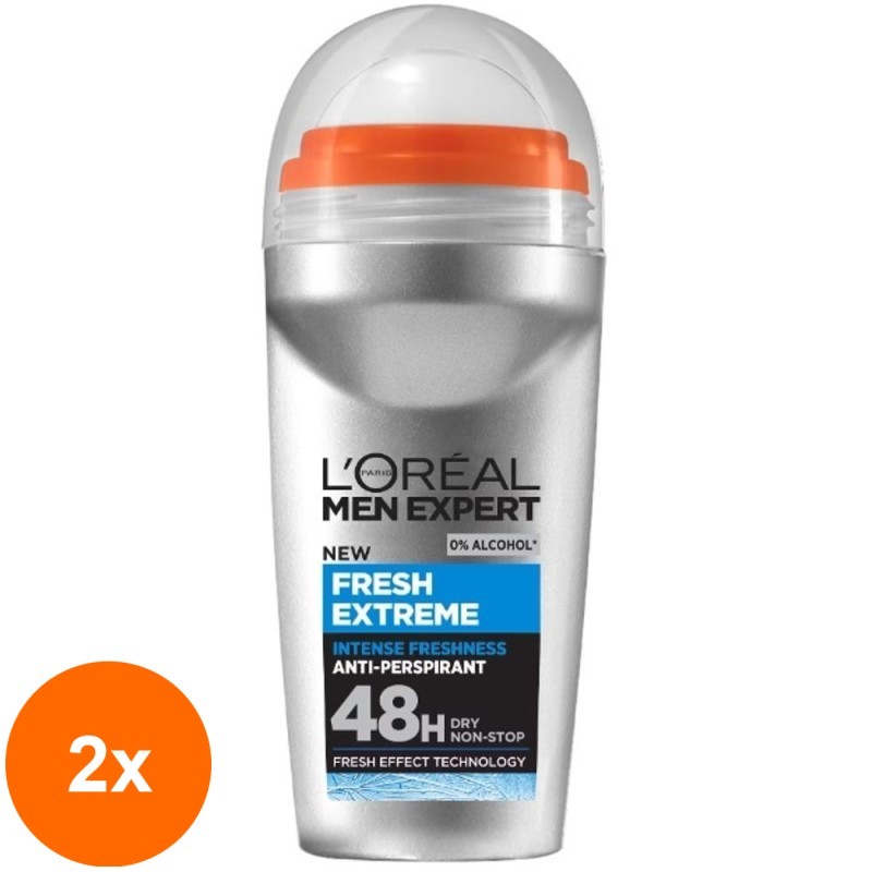 Set 2 x Deodorant Antiperspirant Roll-on, fara Alcool, L'Oreal Paris Men Expert, Fresh Extreme, 50 ml