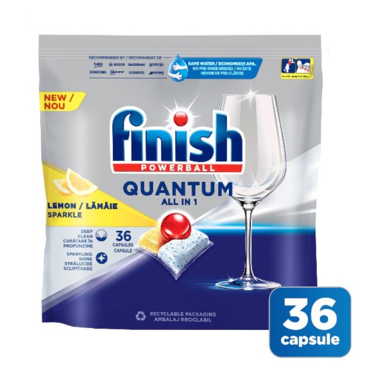 Set 2 x Detergent Tablete pentru Masina de Spalat Vase Finish Quantum All in 1 Lemon, 36 Spalari