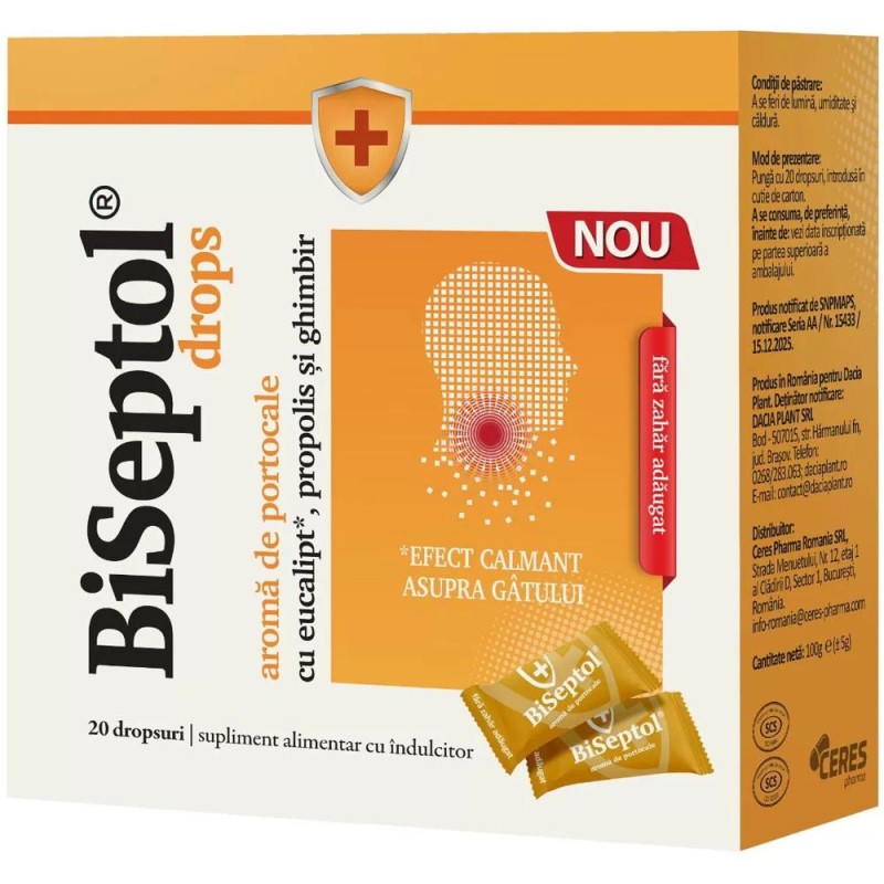 Set 2 x Dropsuri Biseptol cu Aroma de Portocala, 100 g, 20 Dropsuri