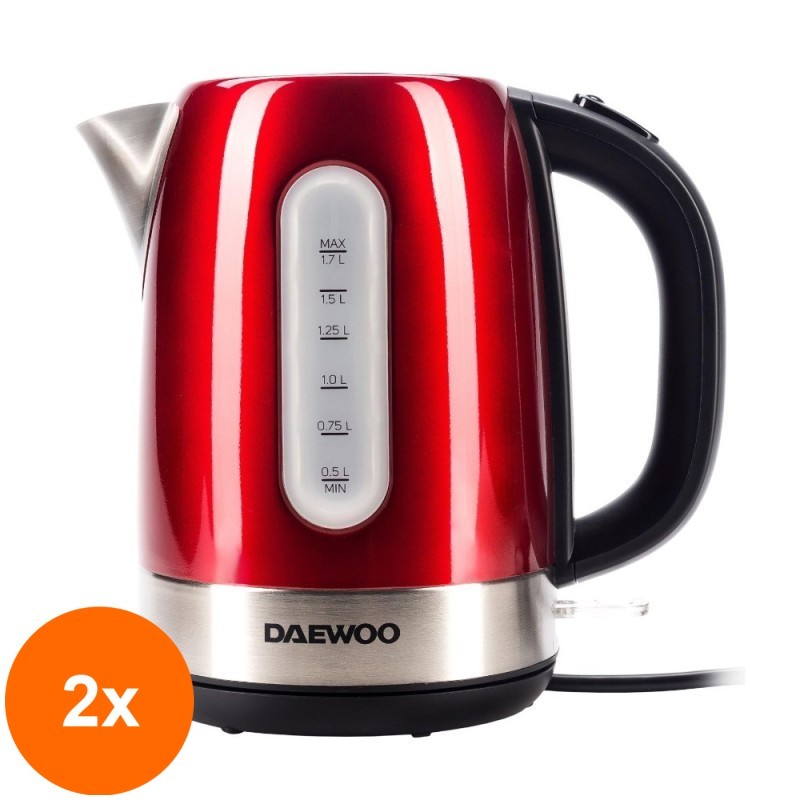 Set 2 x Fierbator Daewoo DK2400R, 2400 W, 1.7 l, Indicator Nivel Apa, Protectie Supraincalzire, Oprire Automata, Rosu/Inox