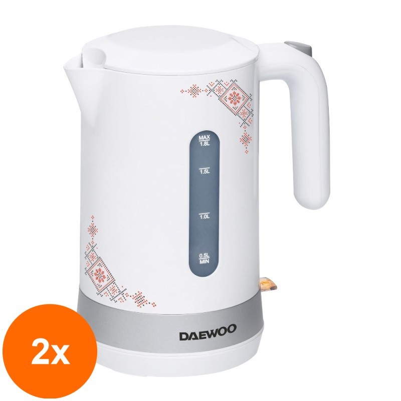 Set 2 x Fierbator Daewoo DK2400TR, 2400 W, Design Traditional, 1.7 l, Filtru Detasabil, Alb