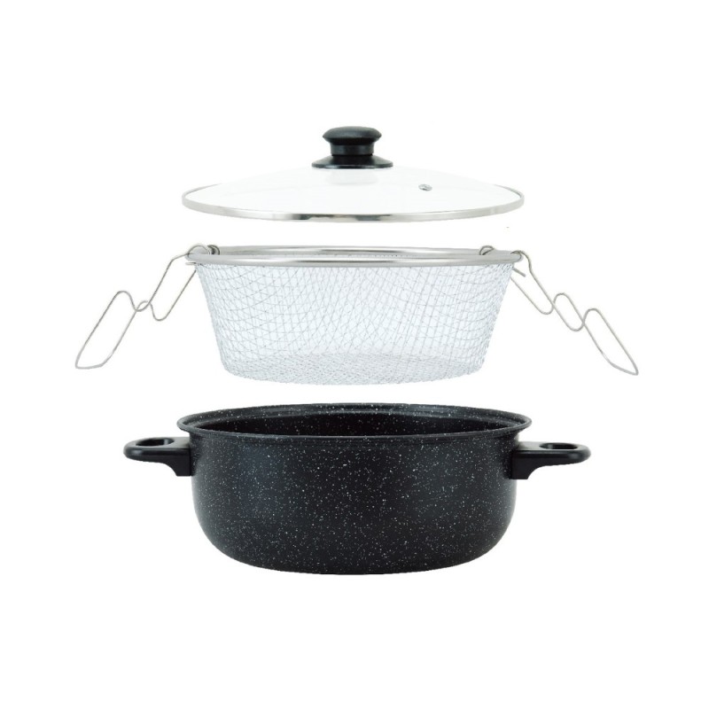 Set 2 x Friteuza Placata cu Ceramica Marmorata Antiaderenta, Capac Sticla, Cos pentru Prajit, 26 cm, 3.80 l, Grunberg