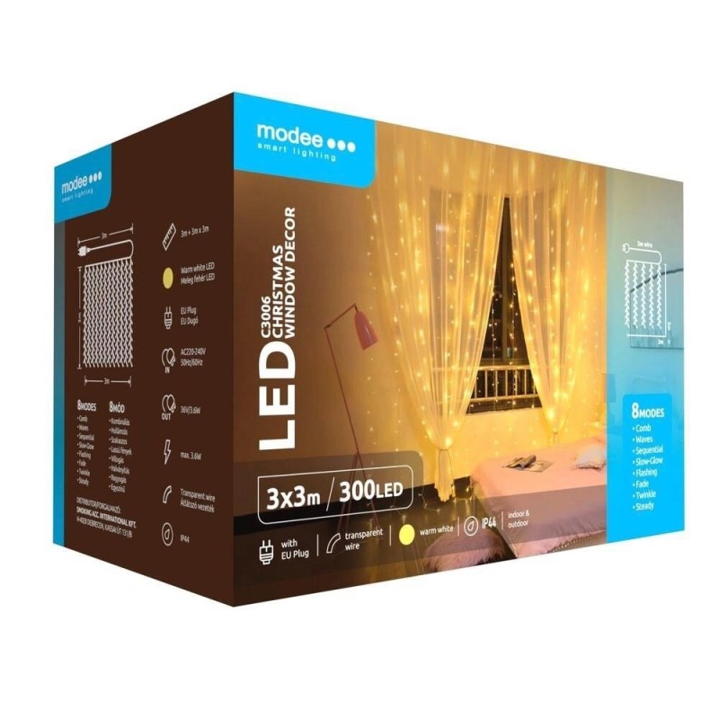 Set 2 x Ghirlanda Luminoasa Decorativa Modee C3006, 300 LED-uri, 3.6W, 3 x 3 m, Alb Cald, Tip Perdea