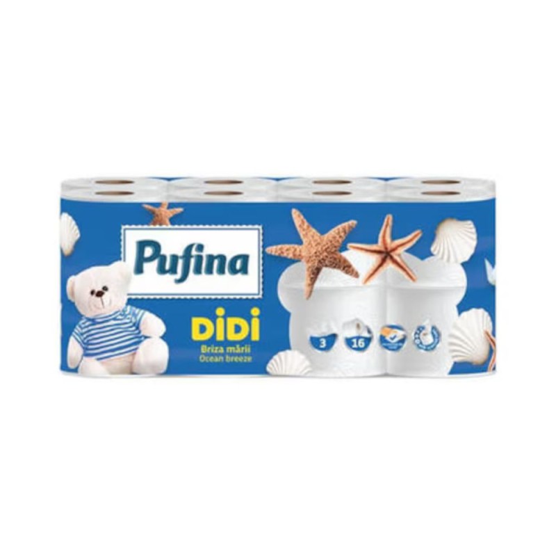 Set 2 x Hartie Igienica Pufina Didi, Ocean Breeze, 3 Straturi, 16 Role
