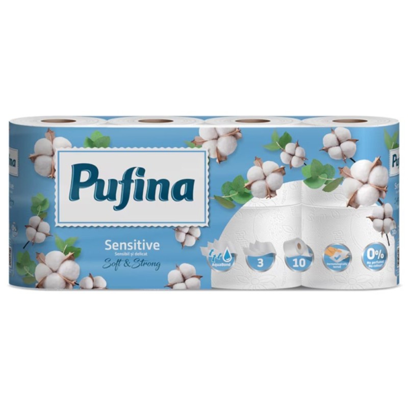 Set 2 x Hartie Igienica Pufina Lux, Alb Sensitive, 3 Straturi, 10 Role