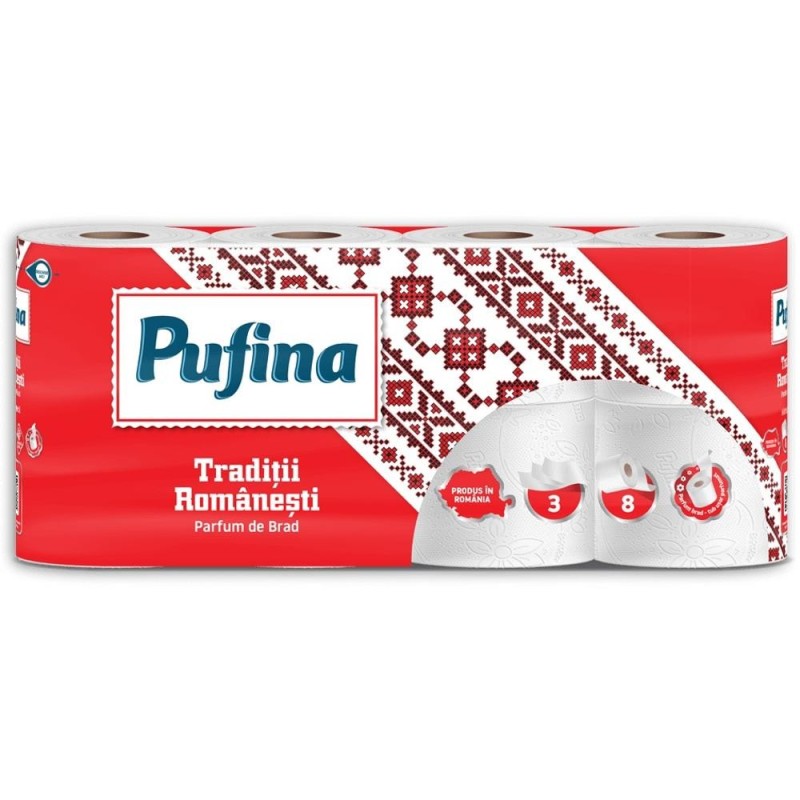 Set 2 x Hartie Igienica Traditii Romanesti, 3 Straturi, Brad, Pufina, 8 Role