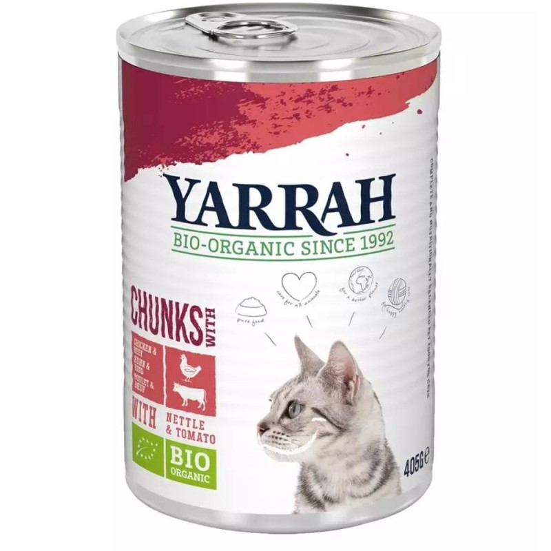 Set 2 x Hrana Umeda Bio pentru Pisici, Bucati de Pui si Vita in Sos, 405 g, Yarrah