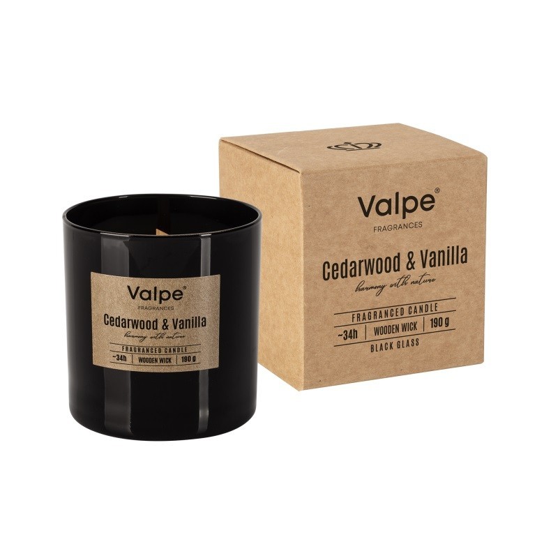 Set 2 x Lumanare Parfumata in Pahar Rotund Bispol, Cedarwood & Wanilia, Fitil Lemn, Timp Ardere 34 Ore, Negru, 190 g