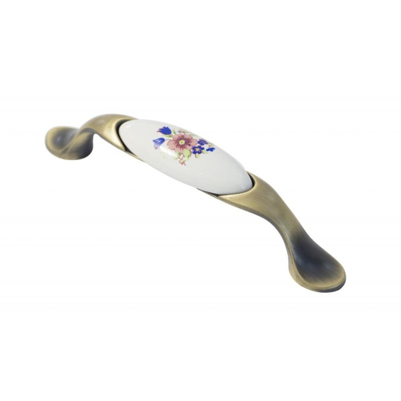 Set 2 x Maner Ceramica Model W0520/701B, 96 mm, Finisaj Antic Auriu/Flori Albastre