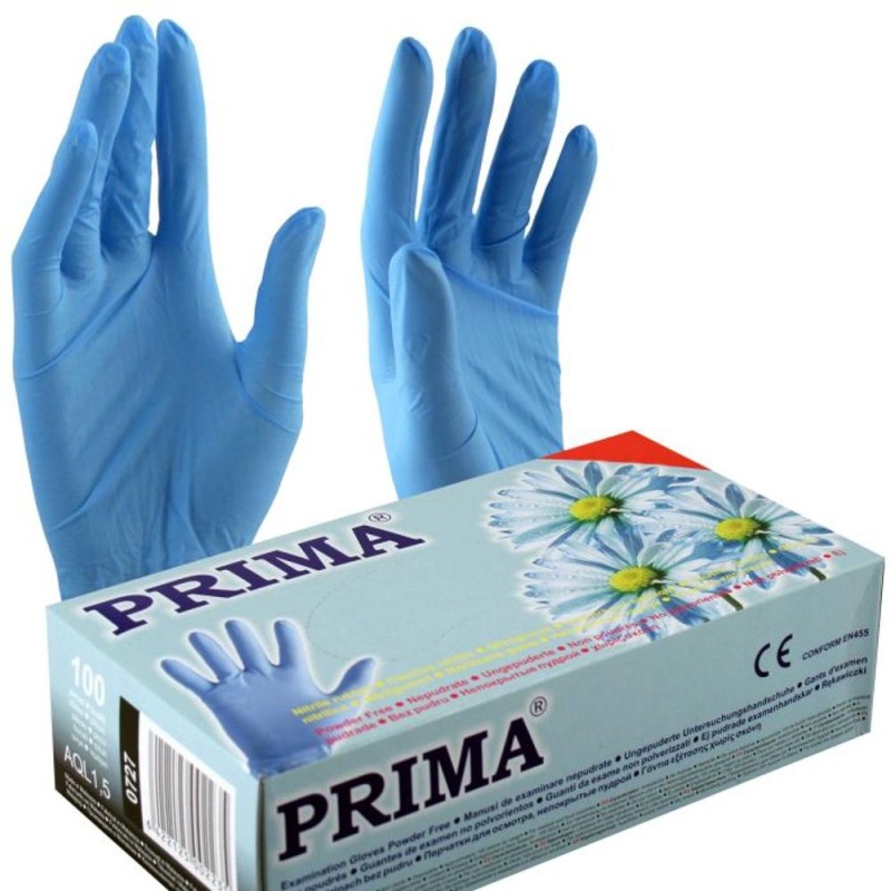 Set 2 x Manusi Examinare Prima, Nitril, Albastre, Nepudrate, Marimea M, 100 Bucati