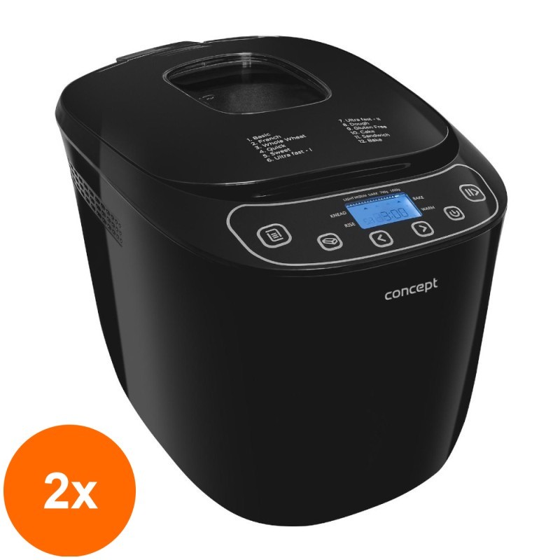 Set 2 x Masina de Paine Concept PC5510, 550 W, 700/1000 g, 12 Programe, Functie Keep Warm, Protectie la Supraincalzire, Negru