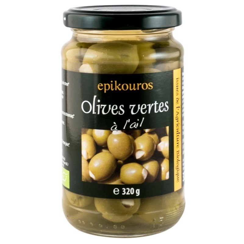 Set 2 x Masline Verzi Bio Umplute cu Usturoi in Saramura, Epikouros, 320 g