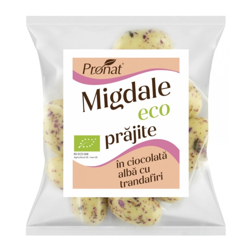 Set 2 x Migdale Bio Prajite, Glazurate in Ciocolata Alba cu Trandafiri, 50 g
