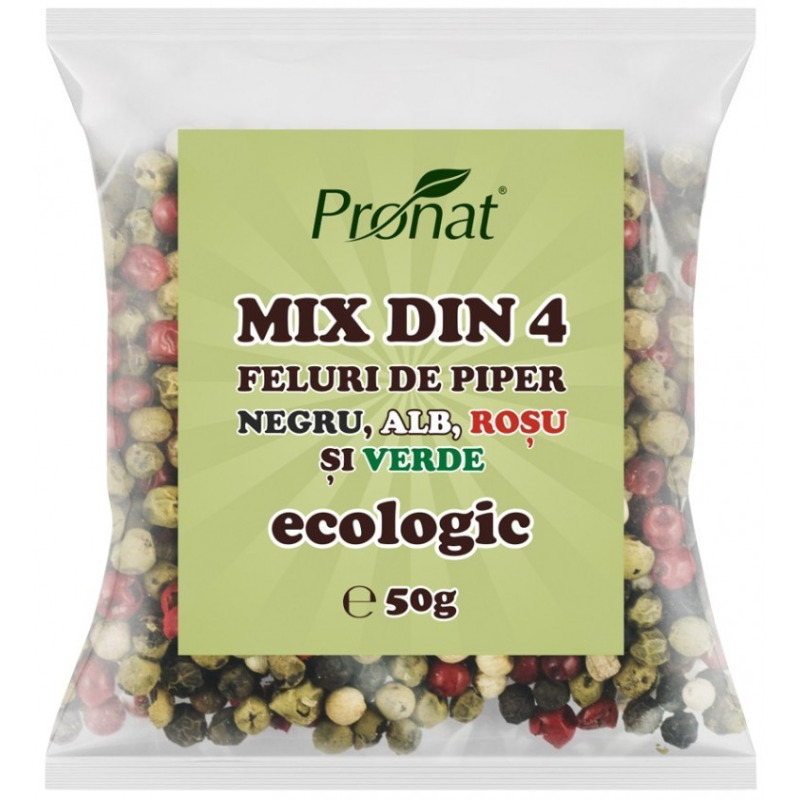 Set 2 x Mix din 4 feluri de Piper Negru, Alb, Rosu si Verde, Bio, 50 g, Pronat