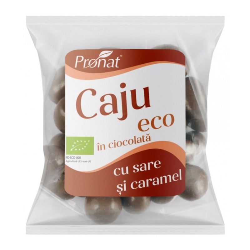 Set 2 x Nuci Caju Bio Glazurate in Ciocolata cu Lapte cu Aroma de Caramel Sarat, 50 g