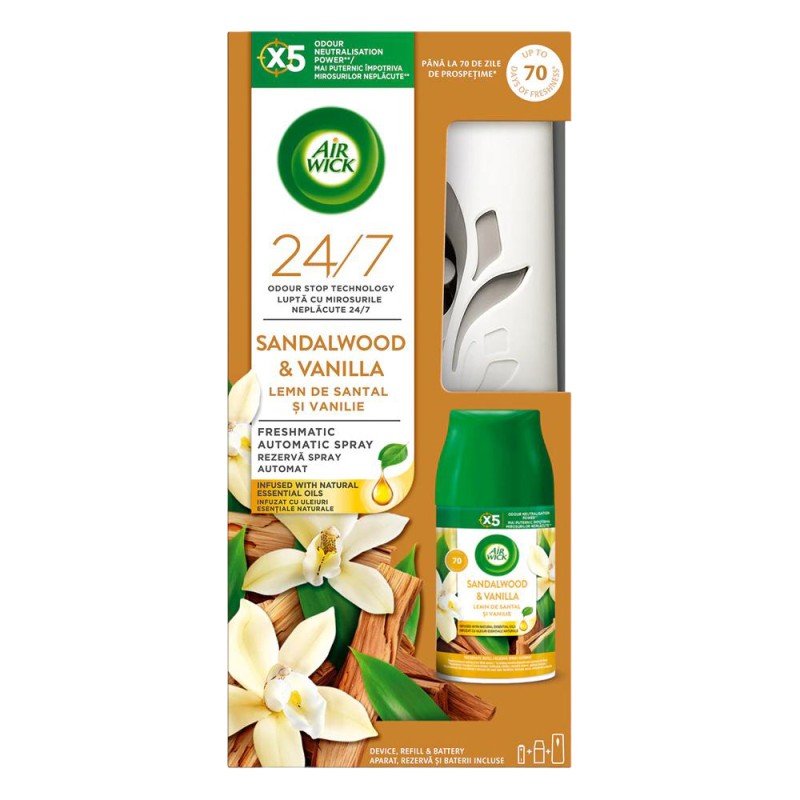 Set 2 x Odorizant de Camera Automat Air Wick, Lemn de Santal si Vanilie, 250 ml