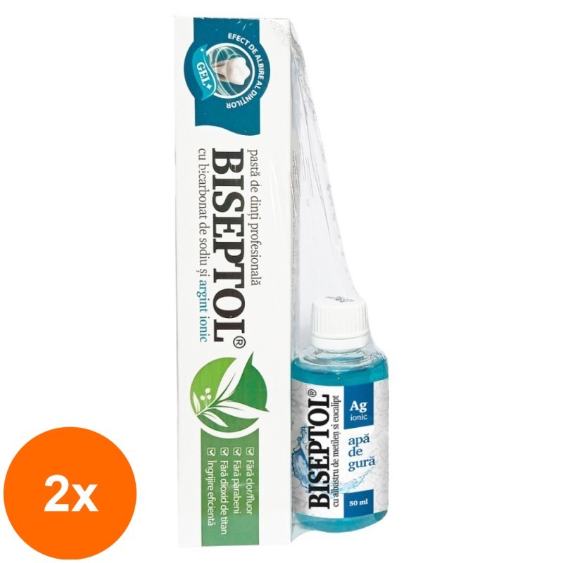 Set 2 x Pasta de Dinti Biseptol, 75 ml si Mostra Apa de Gura cu Argint Ionic 50 ml