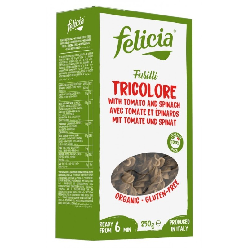 Set 2 x Paste Fusilli Bio Tricolore din Faina de Orez, 250 g, Felicia