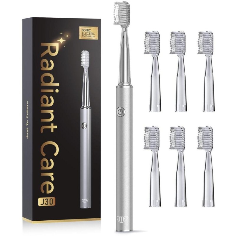 Set 2 x Periuta de Dinti Electrica JTF J30, Argintie, Inclus 6 Capete Rezerva, Cablu Reincarcare