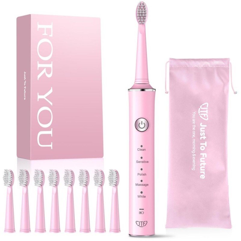 Set 2 x Periuta Dinti Electrica, JTF Sonic, J40, Roz, 8 Capete Periuta, Cablu Incarcare, Suport Periuta