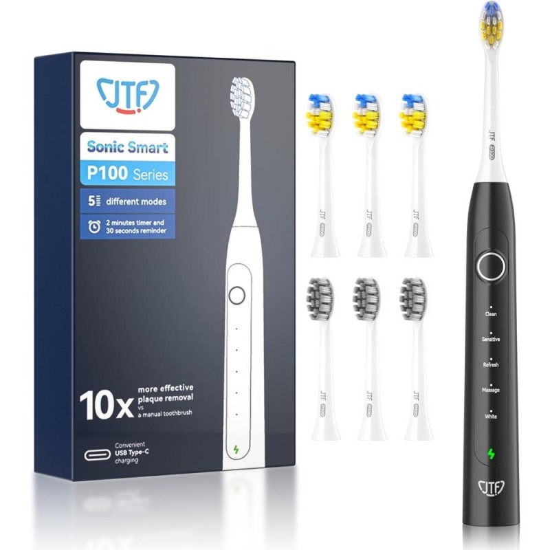 Set 2 x Periuta Dinti Electrica JTF Sonic, Neagra, P100, 6 Capete Periuta, Cablu de Incarcare, Suport
