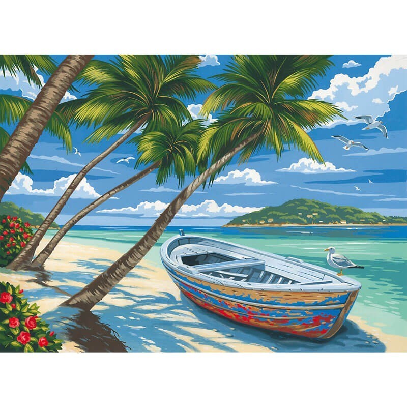 Set 2 x Pictura pe Numere Plaja cu Palmieri, 10 Culori, 30 x 40 cm