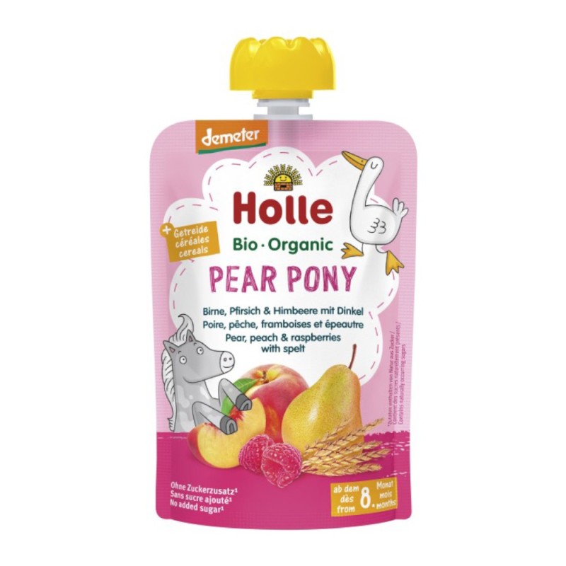 Set 2 x Piure de Pere, Piersici si Zmeura cu Grau Spelta Eco, Pear Pony, Holle Baby, 100 g