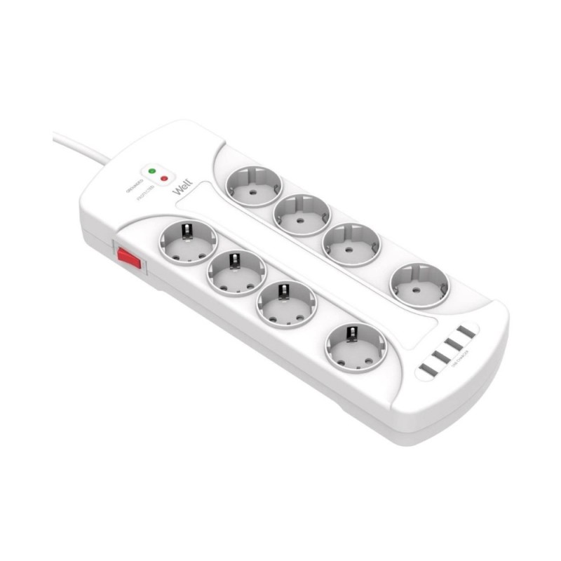 Set 2 x Prelungitor Well, 8 Prize, 3 m, 4 x USB, cu Protectie, Cablu 3xG1.5 mmp