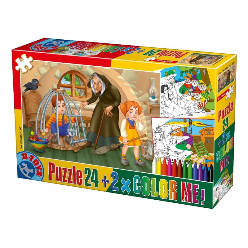 Set 2 x Puzzle 24 Piese, D-Toys, Hansel si Gretel, 2 Fise de Colorat si Creioane Colorate Color Me