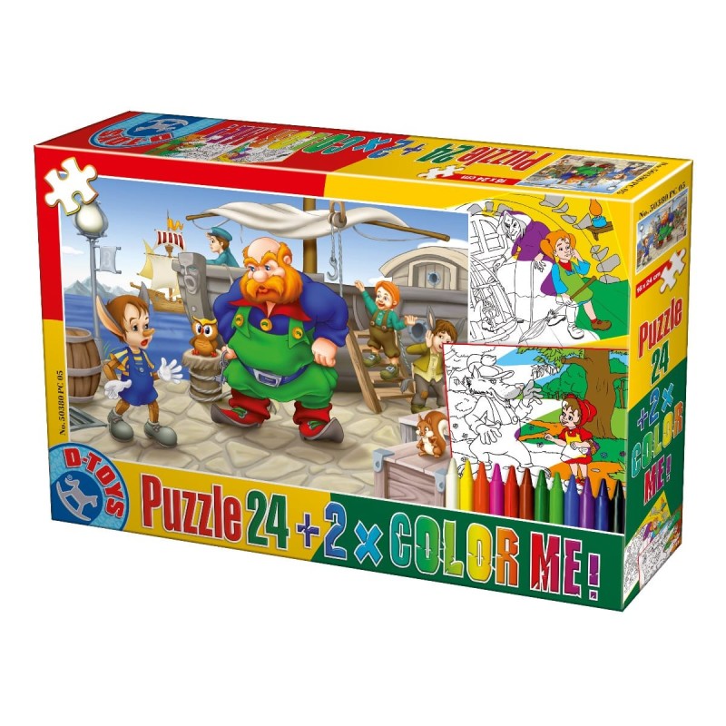 Set 2 x Puzzle 24 Piese, D-Toys, Pinocchio si 2 Planse de Colorat, Hansel si Gretel si Scufita Rosie