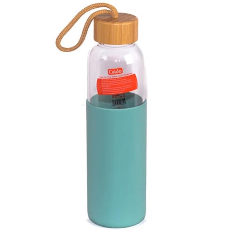 Set 2 x Recipient din Sticla Termorezistenta pentru Apa, 600 ml, Capac Bambus, Husa Silicon, Caldo