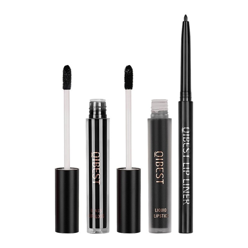 Set 2 x Ruj Lichid Mat si Lip Gloss si Creion Contur Buze Qibest 12