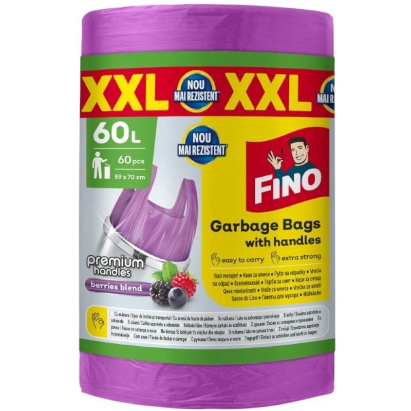 Set 2 x Saci Menajeri Fino Premium, Mov, XXL, cu Maner, Aroma Fructe de Padure, 60 l, 60 Bucati