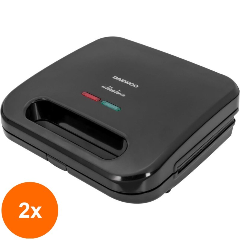 Set 2 x Sandwich Maker 3 in 1, 800 W, Placi Neaderente, Termostat, Maner CoolTouch, Negru, Daewoo