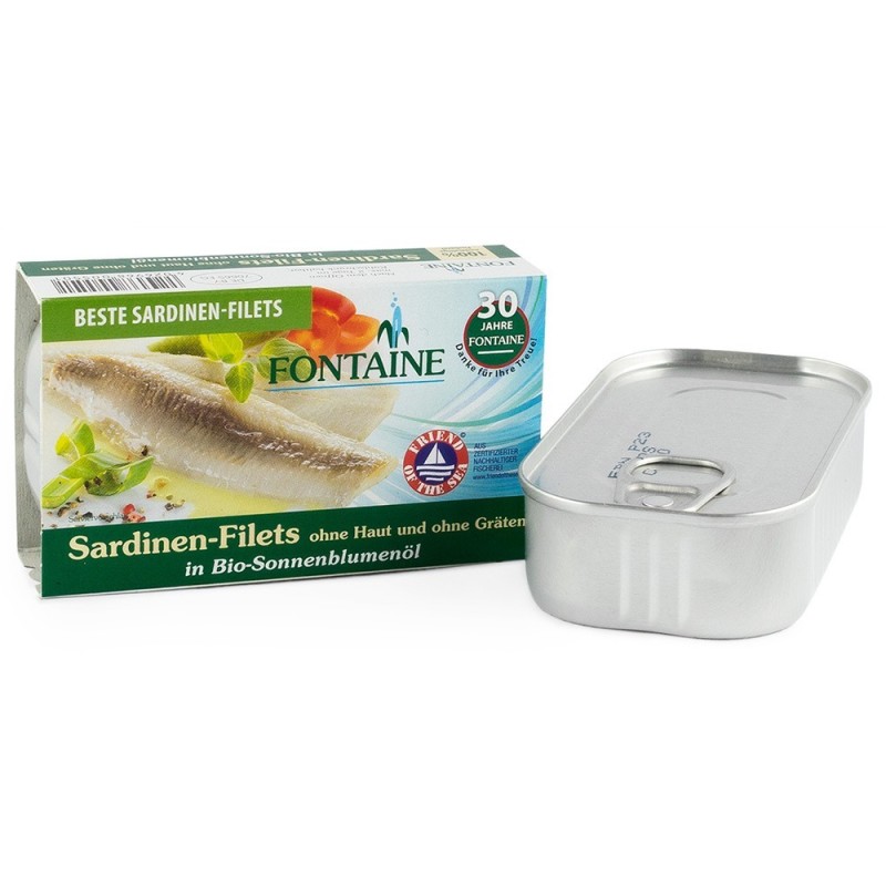 Set 2 x Sardine fara Piele si fara Oase, in Ulei Bio de Floarea Soarelui, 120 g Fontaine