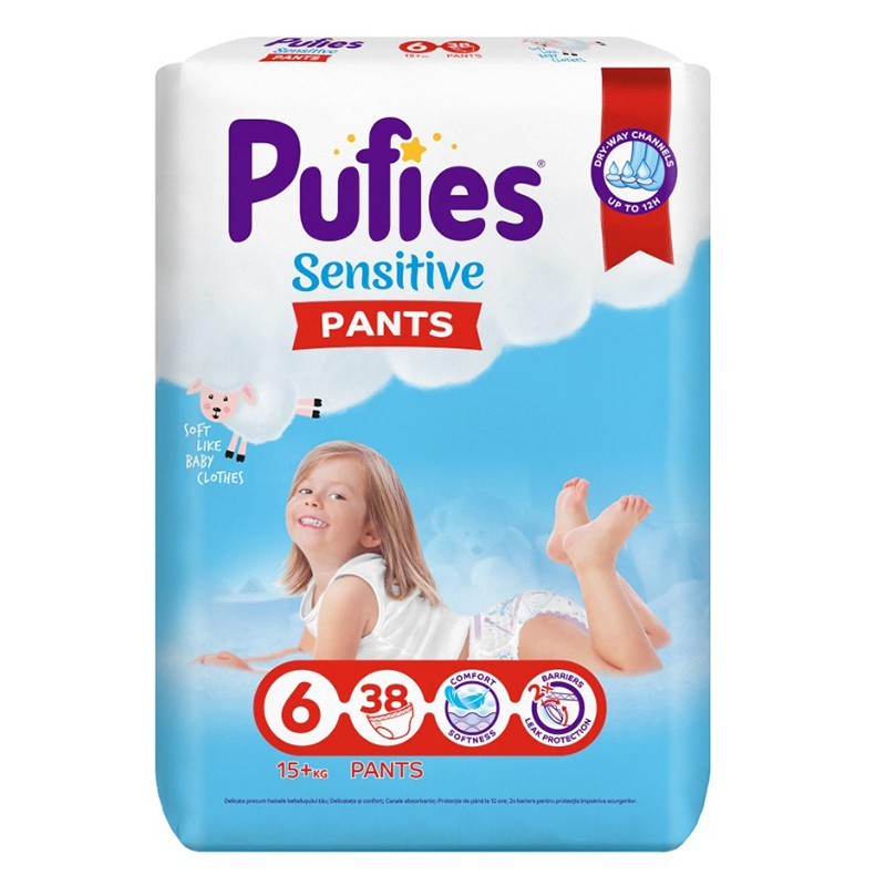 Set 2 x Scutece-chilotel Pufies Pants Sensitive Extra Large, Marimea 6, 15+ Kg, 38 Buc