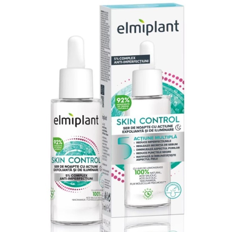 Set 2 x Ser de Noapte Elmiplant Skin Control, cu Actiune Exfolianta si de Iluminare, 30 ml