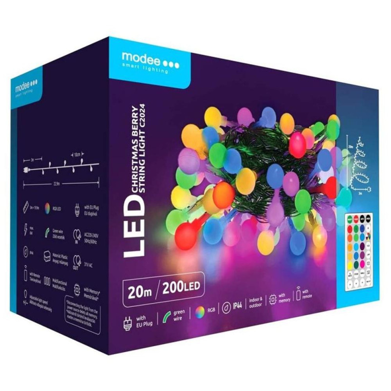 Set 2 x Sir de Lumini, Multicolor, pentru Craciun, Led, din Plastic, Modee, cu Adaptor, Telecomanda