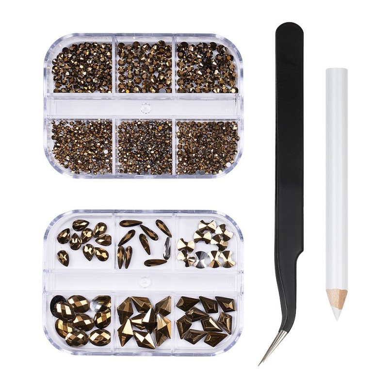 Set 2 x Strasuri Unghii cu Penseta si Creion Aplicare Luxorise Gold Is You, 12 Modele