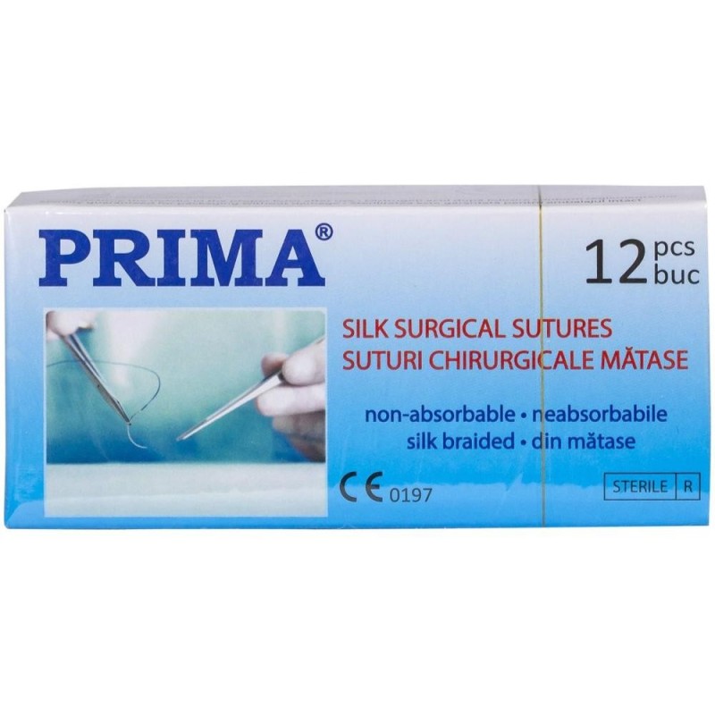 Set 2 x Sutura Neresorbabila din Matase, USP 3/0, 75 cm, Ac Triunghiular 1/2 17 mm, pentru Tesuturi Groase, Prima