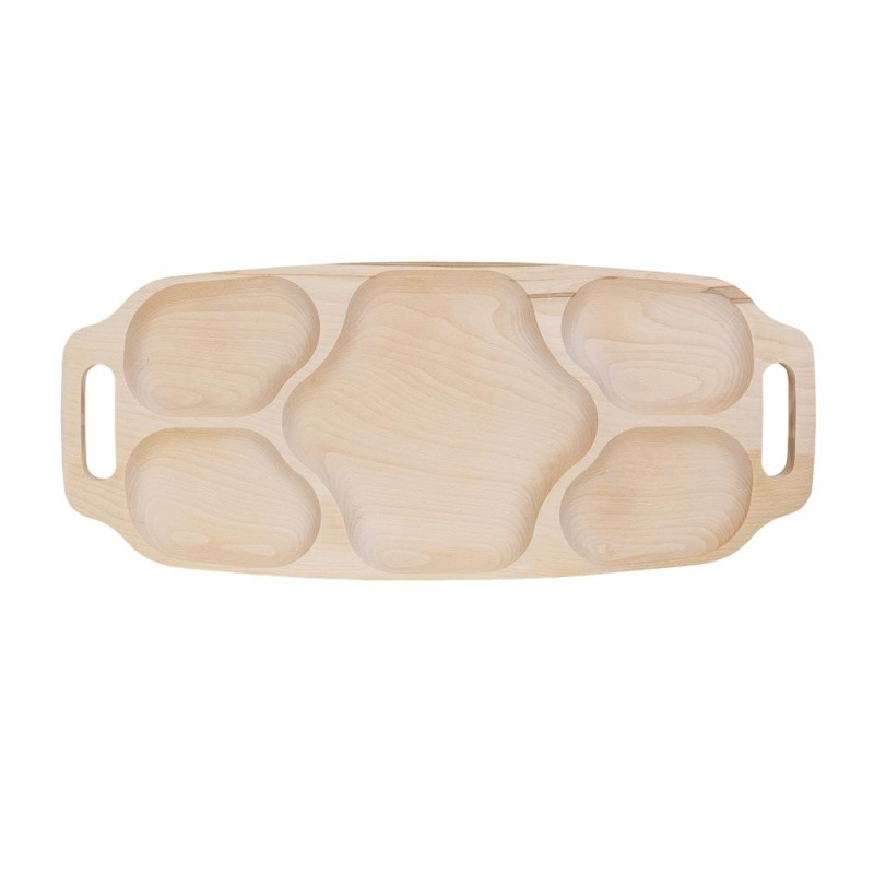 Set 2 x Tava Asimetrica pentru Servire, cu Manere, din Lemn de Fag, 5 Compartimente, 70 x 30 cm