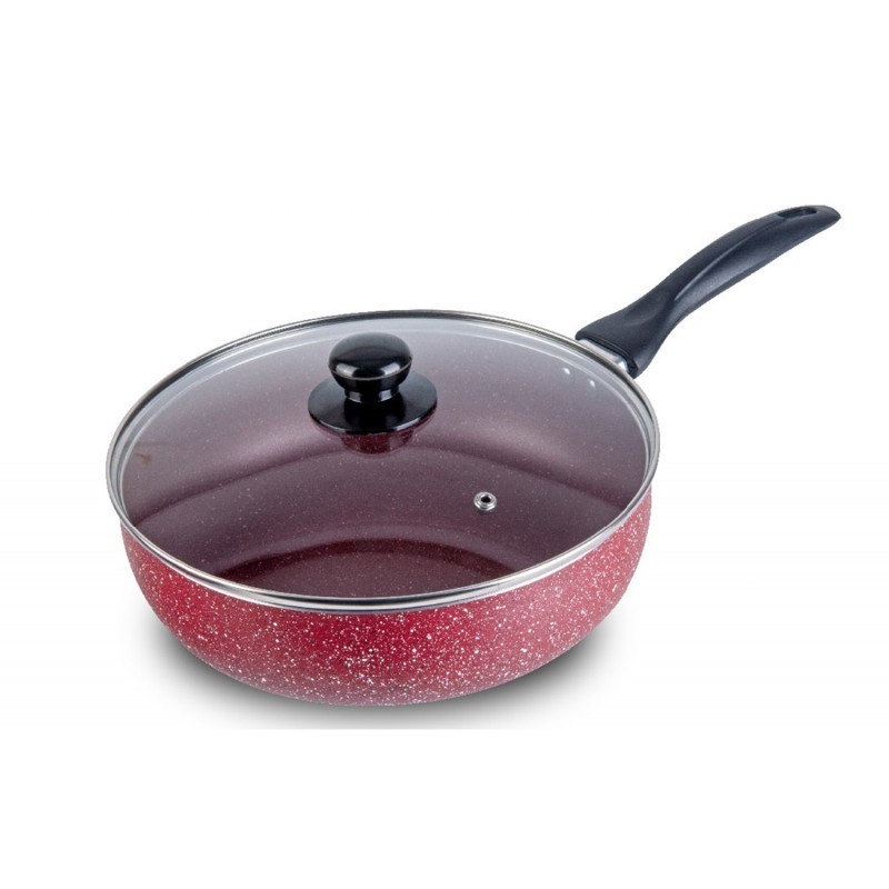 Set 2 x Tigaie din Aluminiu Interior si Exterior Rosu Marmorat, Capac din Sticla, 28 x 7 cm, Grunberg BB28