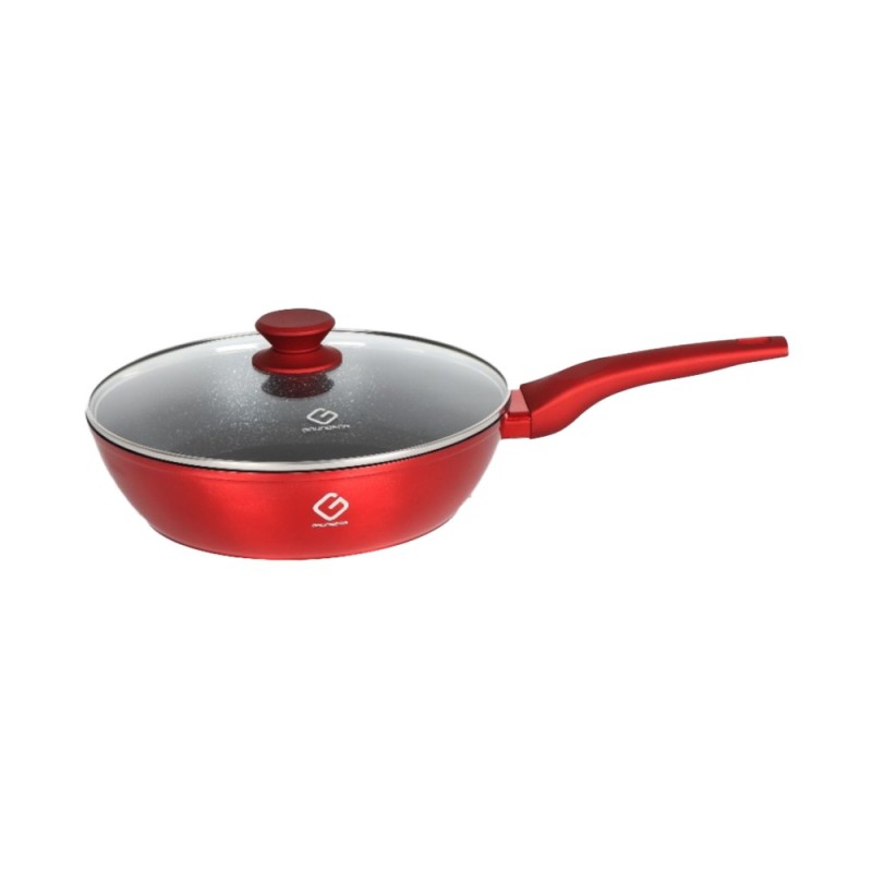 Set 2 x Tigaie Wok din Aluminiu cu Capac Sticla, 28 cm, Baza Metalica pentru Plita cu Inductie, Grunberg