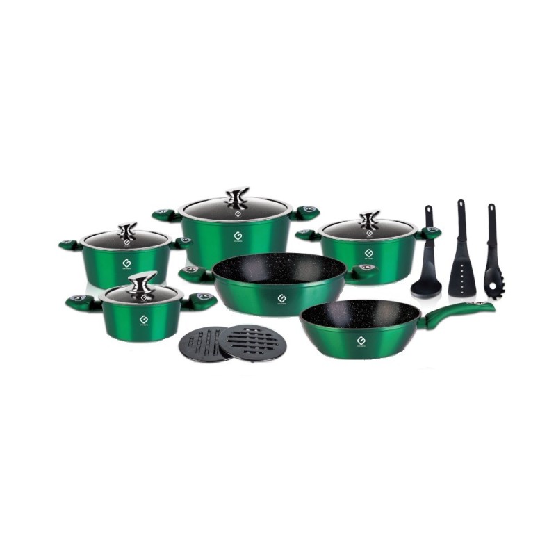 Set 2 x Vase din Aluminiu, Verzi, Set 15 Piese, Capace din Sticla, Compatibile cu Plita cu Inductie, Grunberg