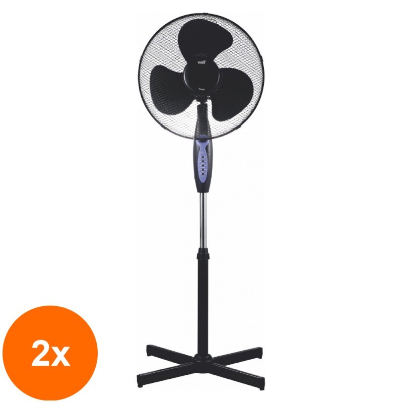 Set 2 x Ventilator cu Picior si Telecomanda Well, 43 cm, 45 W, 3 Viteze, Oscilatie Stanga Dreapta, Negru