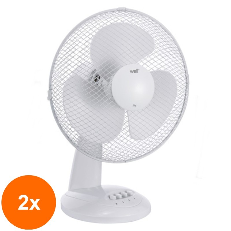 Set 2 x Ventilator pentru Birou Well, 34 cm, 40 W, 3 Viteze, Oscilatie Stanga Dreapta, Alb