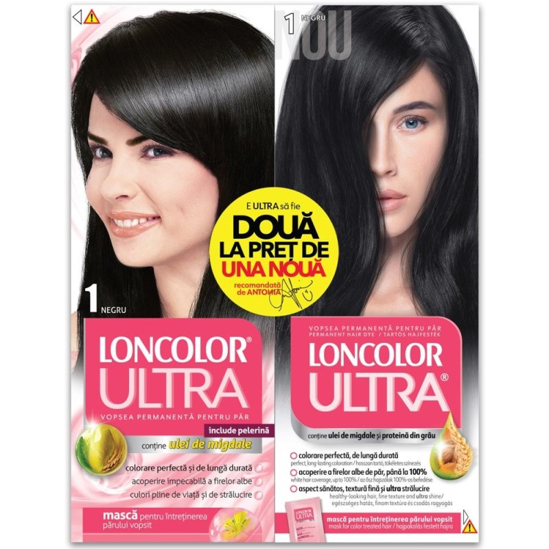 Set 2 x Vopsea de Par Permanenta, 1 Negru, 200 ml x 2 Bucati, Loncolor Ultra