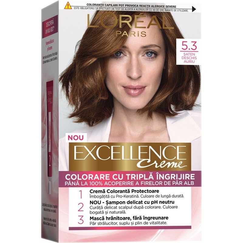 Set 2 x Vopsea de Par Permanenta cu Amoniac L'Oreal Paris Excellence Creme 5.3 Saten Deschis Auriu, 192 ml