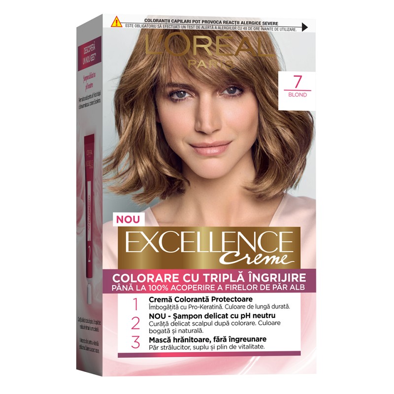 Set 2 x Vopsea de Par Permanenta cu Amoniac L'Oreal Paris Excellence Creme 7 Blond, 192 ml