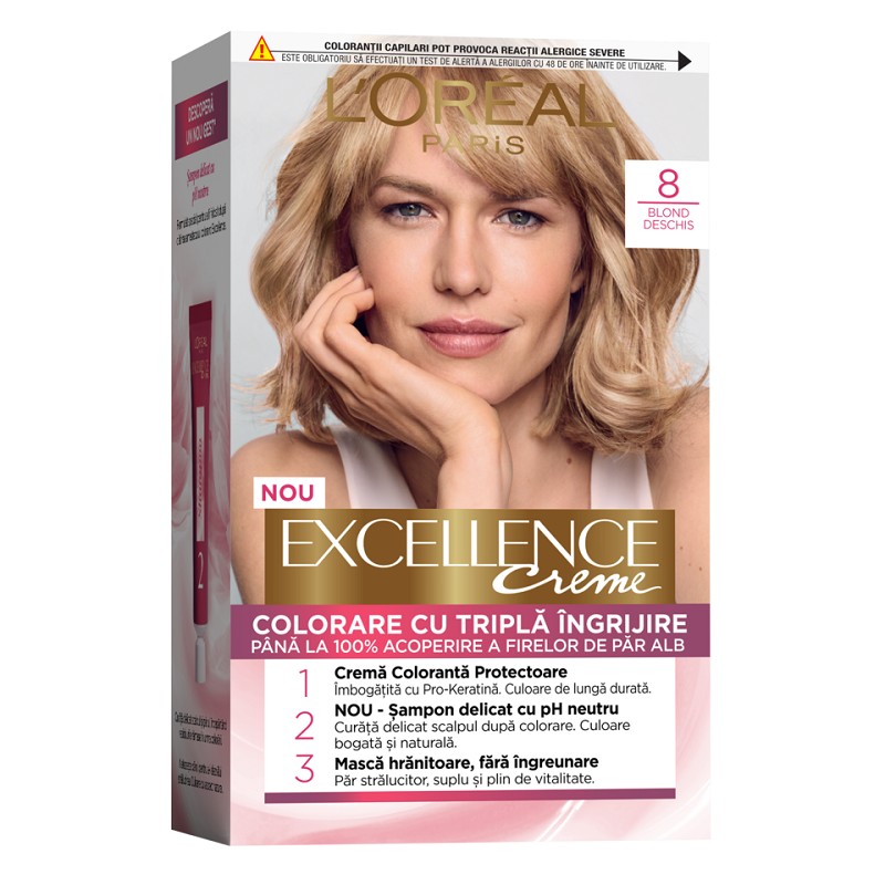 Set 2 x Vopsea de Par Permanenta cu Amoniac L'Oreal Paris Excellence Creme 8 Blond Deschis, 192 ml